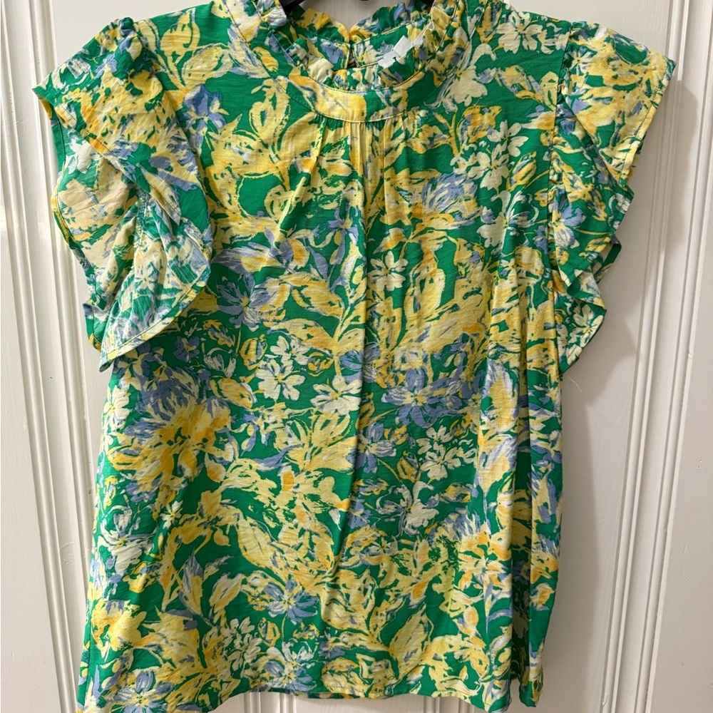 THML Floral Ruffle Sleeve‎ Top - Green and Yellow M